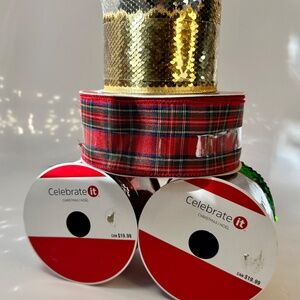 Christmas Wired Ribbon Bundle Sequin & Plaid Holiday Ribbon Lot New